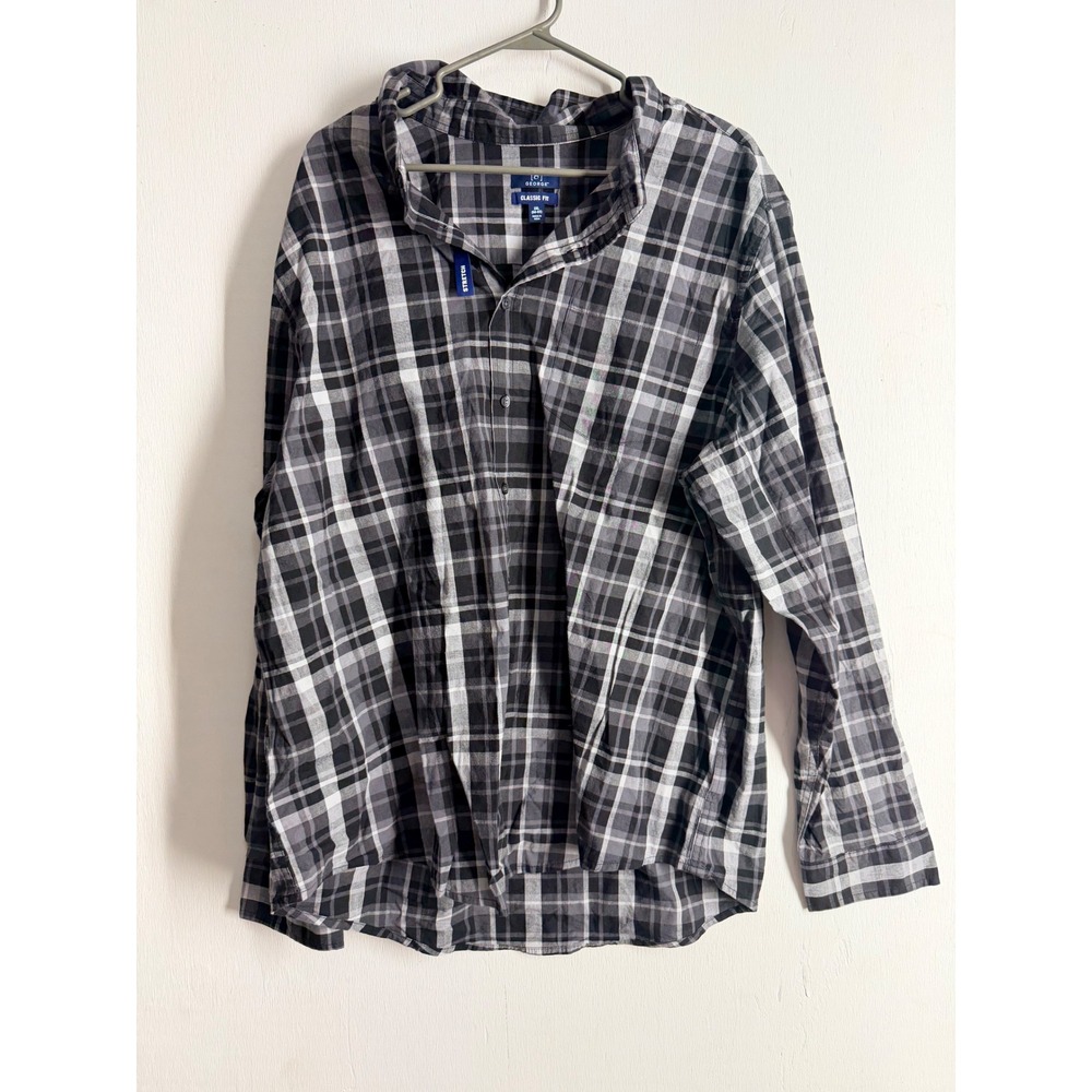 George Mens 2XL Classic Fit Plaid Button Down Shirt Long Sleeve Black Grey White
